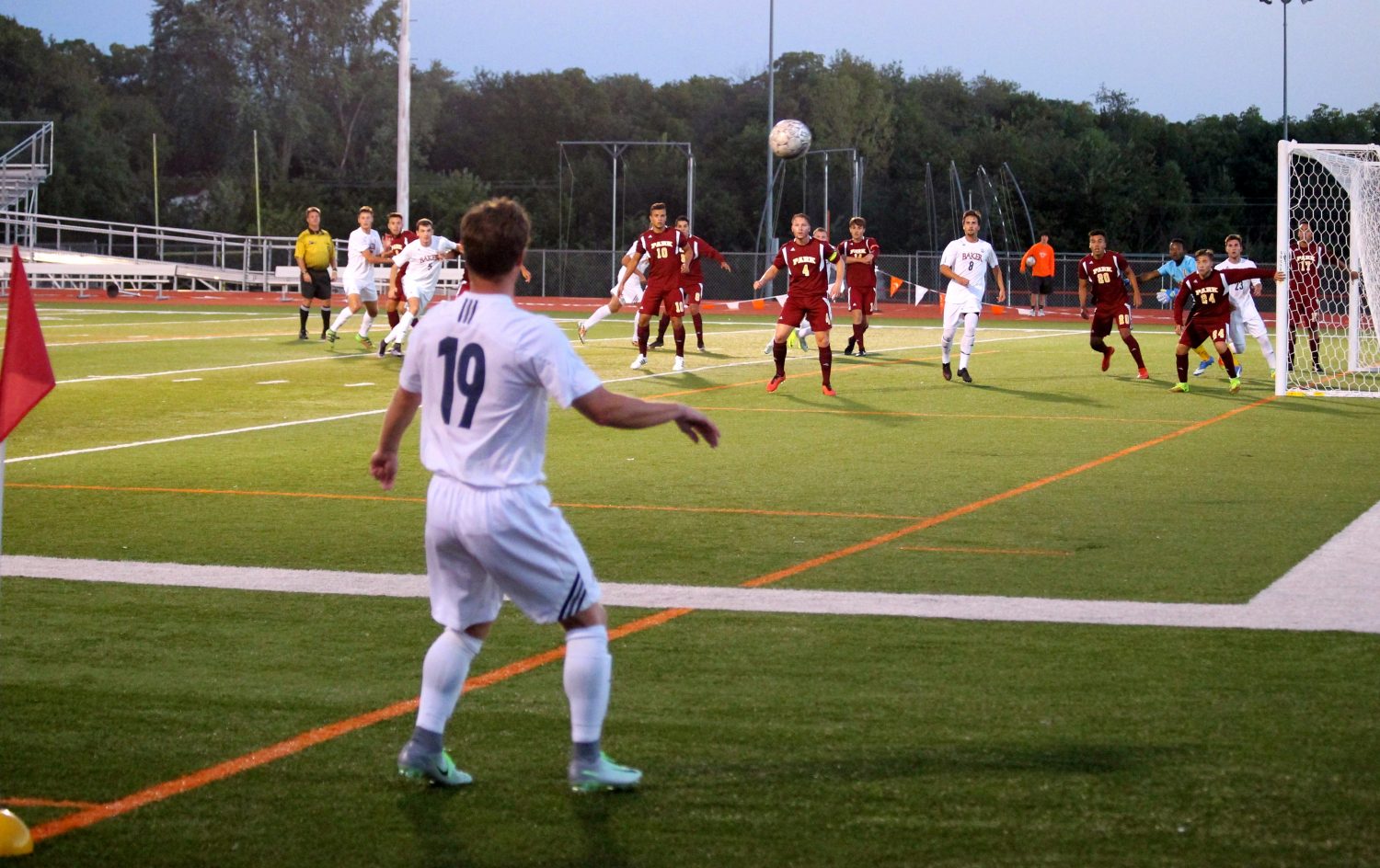 Freshman defender Payton Brown sends in a corner kick against Park University in the first half of the game on Sept. 10 at Liston Stadium.