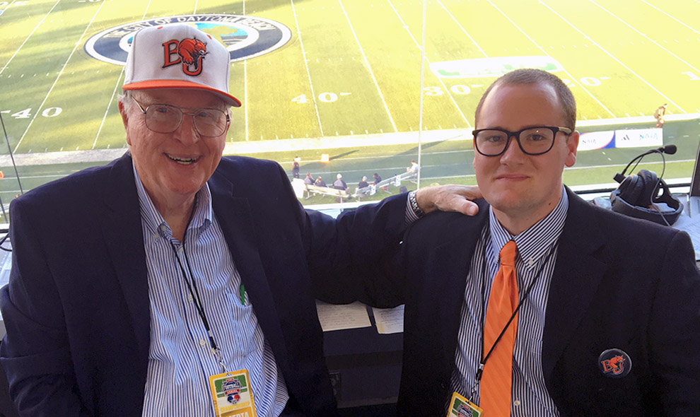 Voice of the Wildcats Tom Hedrick joined color analyst Jim Joyner in Daytona Beach, Florida, to broadcast the NAIA-FCS championship game on Dec. 17.