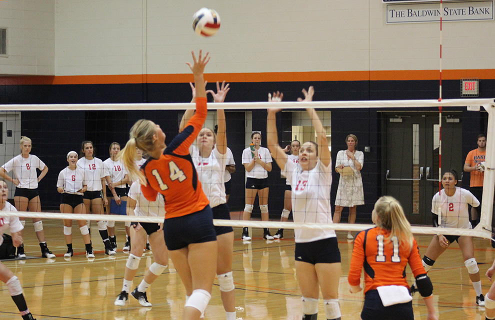 Olivia+Brees+sends+the+ball+back+over+the+net+against+MNU+on+Sept.+27.+Brees+had+five+kills+in+the+match.+Image+by+Shelby+Stephens.