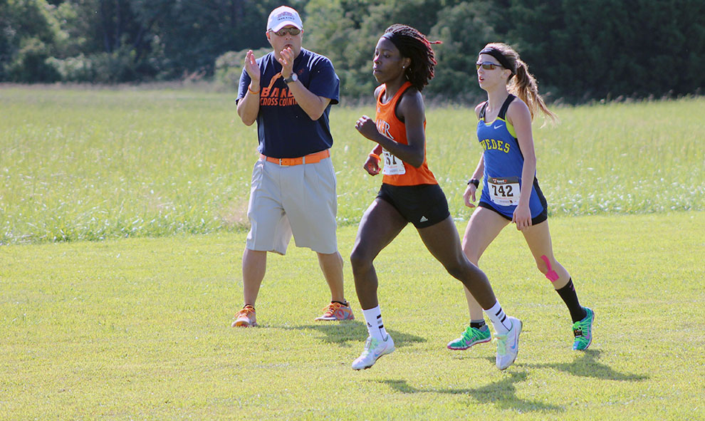 Freshman Ziara McDowell speeds up near the end of the womens 4K Saturday morning at the Baldwin City Golf Course.