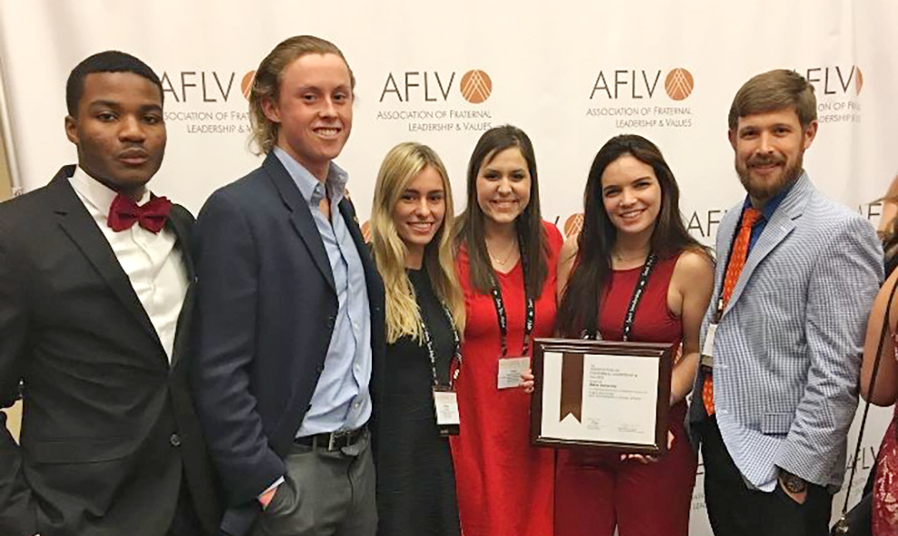 Mariq Stigler, Connor Petty, Bailey Conklin, Taylor Swartzendruber, Caringtyn Julian and Assistant Director of Student Life Josh Doak were presented with an award for judicial affairs and public relations during the Association of Fraternal Leadership and Values in Indianapolis. Photo courtesy Bailey Conklin.