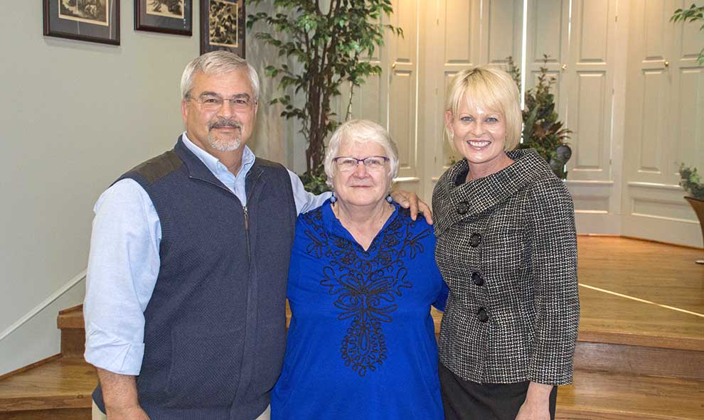 As part of the Celebration of Service ceremony on Jan. 24, President Lynne Murray (right) recognized Rand Ziegler and Jeanne Mott for their 35 years of service to Baker University. Photo by Taylor Shuck