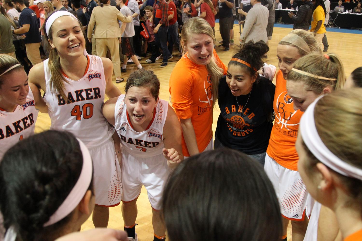 Senior Ericka Simpson gathers the team together one last time after a tough 49-35 loss to rival MNU in the NAIA title game on March 22, 2016, at the Silverstein Eye Centers Arena in Independence, Missouri. Following the women’s basketball team’s success all the way to the championship game was a fun ride, and it was unfortunate to see them fall one game short. However, when everyone rushed the court after the semifinals win against Benedictine to go to the title game, it was certainly a top Baker sports moment.