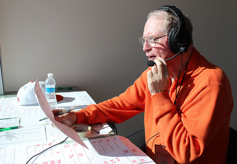 Tom Hedrick, the voice of the Wildcats, continues to broadcast Baker football and basketball games on KNBU-FM 89.7 in Baldwin City. Hedrick, a graduate in 1956, was inducted into the Baker Athletic Hall of Fame in 1978. Image by Jenna Black.