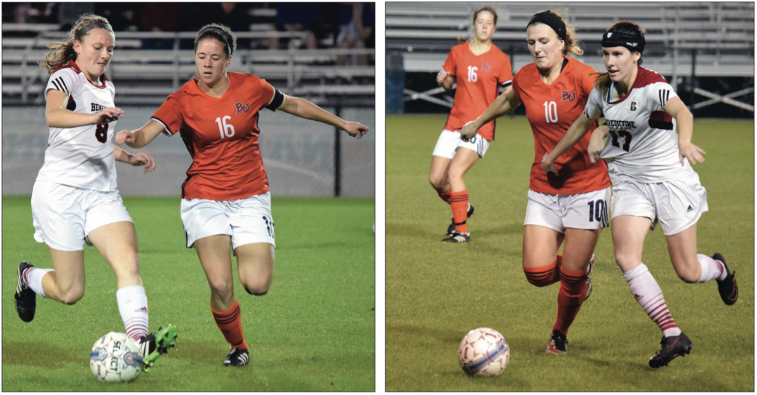 Left: Kady Dieringer assisted on Baker’s first goal, scored by Jenna Lattimer. Right: Krista Hooper scored the game’s winning goal on Wednesday night against Benedictine in the 73rd minute.