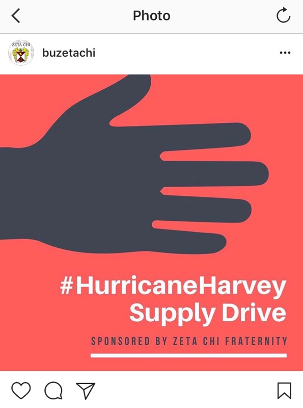 The Instagram post from Zeta Chi Fraternity advertising their donation drive to help the victims affected by Hurricane Harvey. They raised $201.68. Other supplies like T-shirts, diapers, medical supplies and more were also donated.