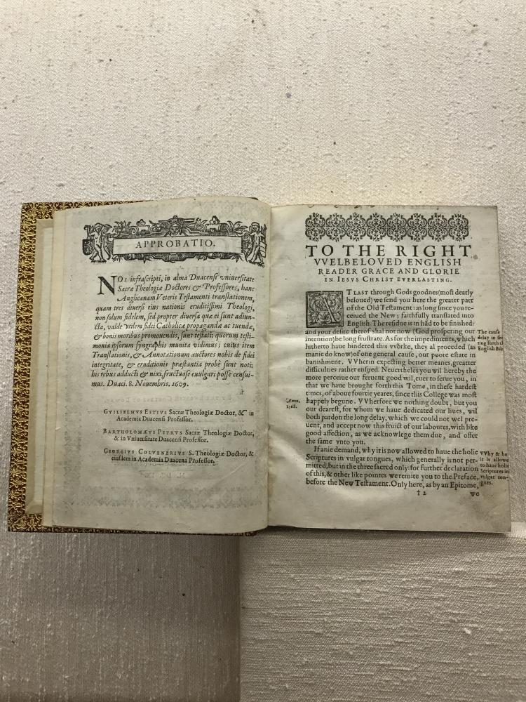 Written in English, this Bible includes an Approved page in Latin, stating that the Church authorized its publication in English.