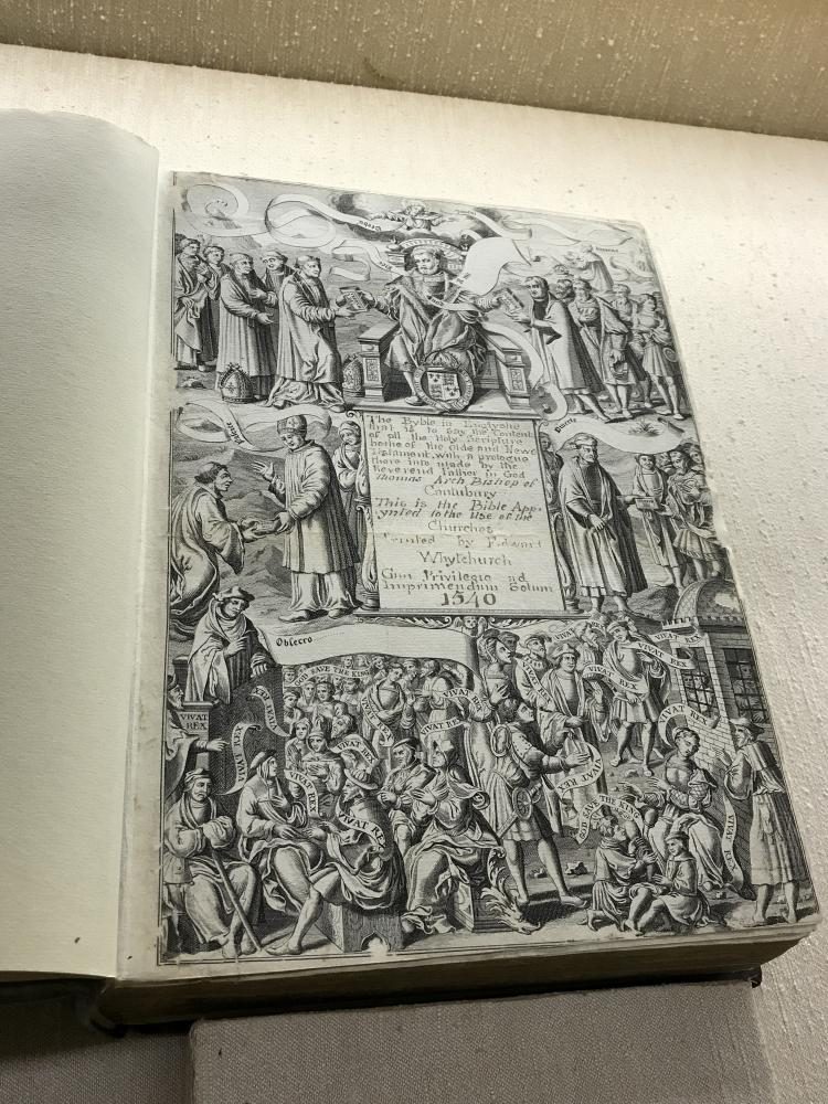 King Henry VIII Bible, the first authorized Protestant Bible published by the monarchy. This page depicts a picture of the king handing the people the word of god verbum dei and the people saying vivat rex which means long live the king.