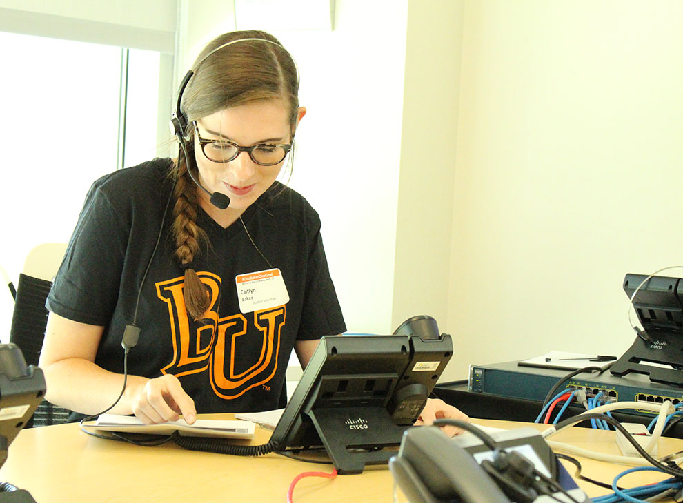 Freshman Caitlyn Baker calls donors to thank them for their support of Bakers Day of Giving. 282 donors contributed to the $62,000 raised in the 24-hour event.