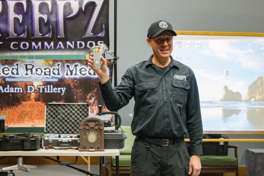 Alec Tillery, a team member of C.R.E.E.P.Z. Ghost Commandos, holds up a K2 Meter. This device is used for measuring electromagnetic energy in a room. It was one of many devices used on the ghost investigation around campus on Oct. 28.