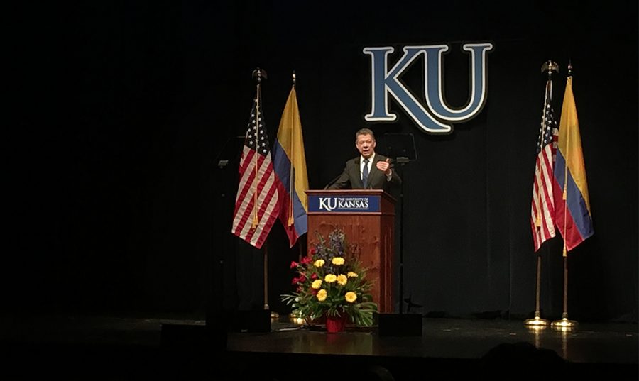 President Juan Manuel Santos spoke at the Lied Center in Lawerence on Oct. 31. He received the Nobel Peace prize in 2016 for helping end the war in Colombia.
