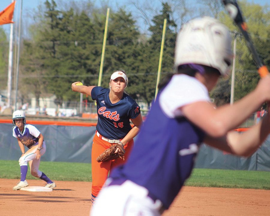 Senior Olivia Brees pitches to a Missouri Valley batter during the 2017 season. Brees opened her senior season with four wins and 37 strikeouts. Last season Brees was named an Honorable Mention All-American and set the school record with 300 strikeouts in a single season.