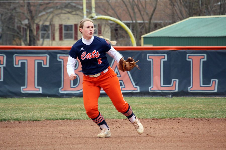Second baseman Sydney Boaz prepares for the ball to come her way. The Cats swept Grand View 9-1 and 5-3 in a doubleheader on March 24 at Cavaness Field.
