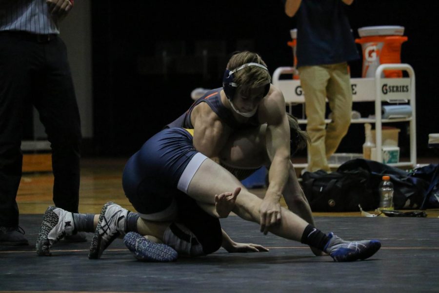 In the 165-pound weight class, Tyler Price looks for a reversal against his opponent. Price would eventually get the pin to continue the Wildcats dominant performance over William Penn. 