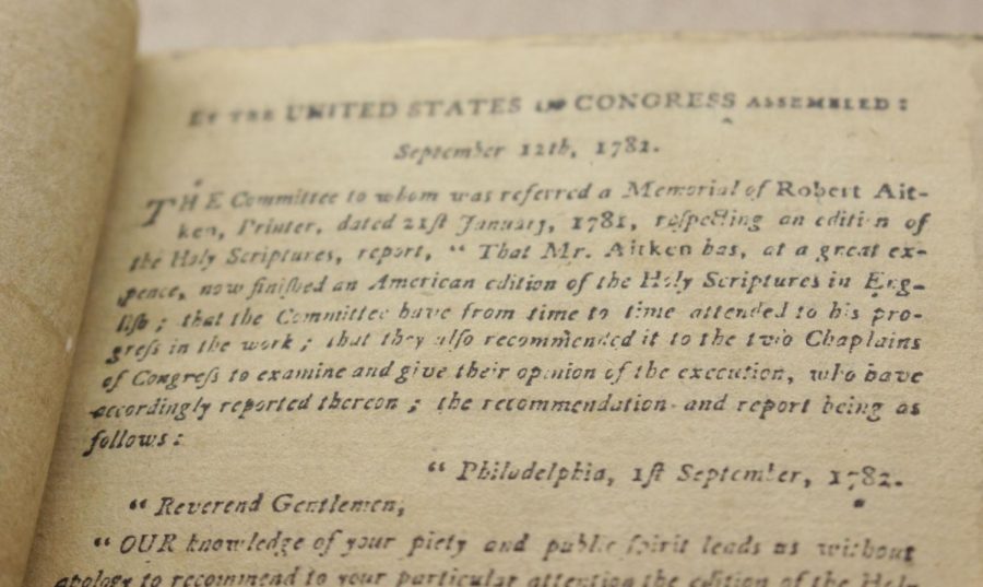 The first King James Bible printed in the U.S. in 1781. Depicted is a letter to Congress asking for the approval to print the King James Bible.