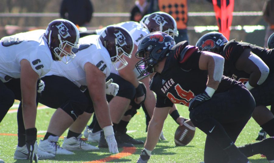 Junior Jon Scire lines up on defense to stop the Evangel offense on second down. On the season Scire totals 34 tackles including tackles for 40.5 yards for loss.