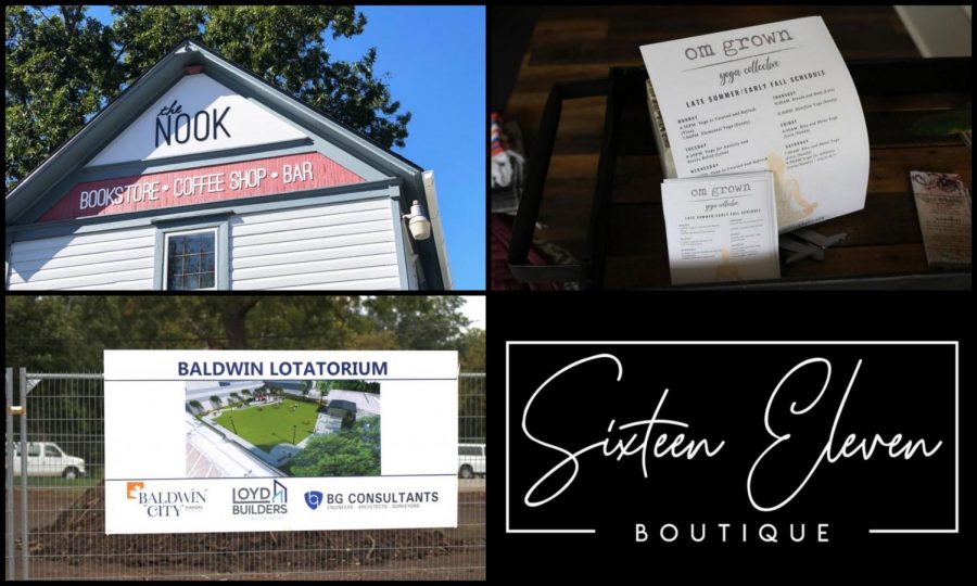 Baldwin City expands with new local businesses. (top left to right) The Nook offers coffee, alcoholic beverages and books. Om Grown provides yoga classes to community members and student athletes. Baldwin Lotatorium will provide Baldwin City a space for local events in the near future. Sixteen Eleven Boutique sells clothing and jewelry and is owned by Kristin Walters.