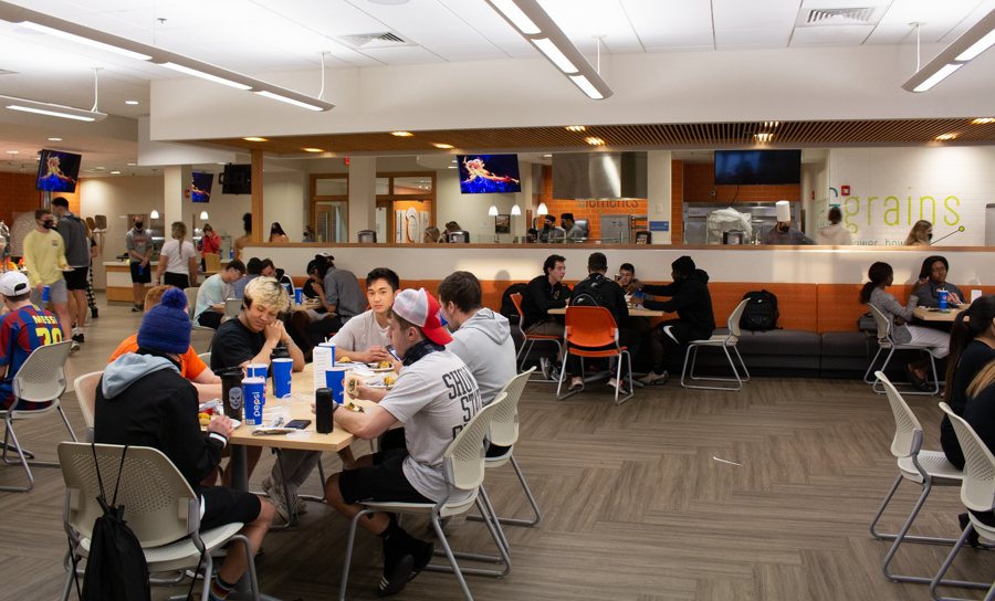 The university dining hall filled quickly due to the move indoors and away from the wind. 