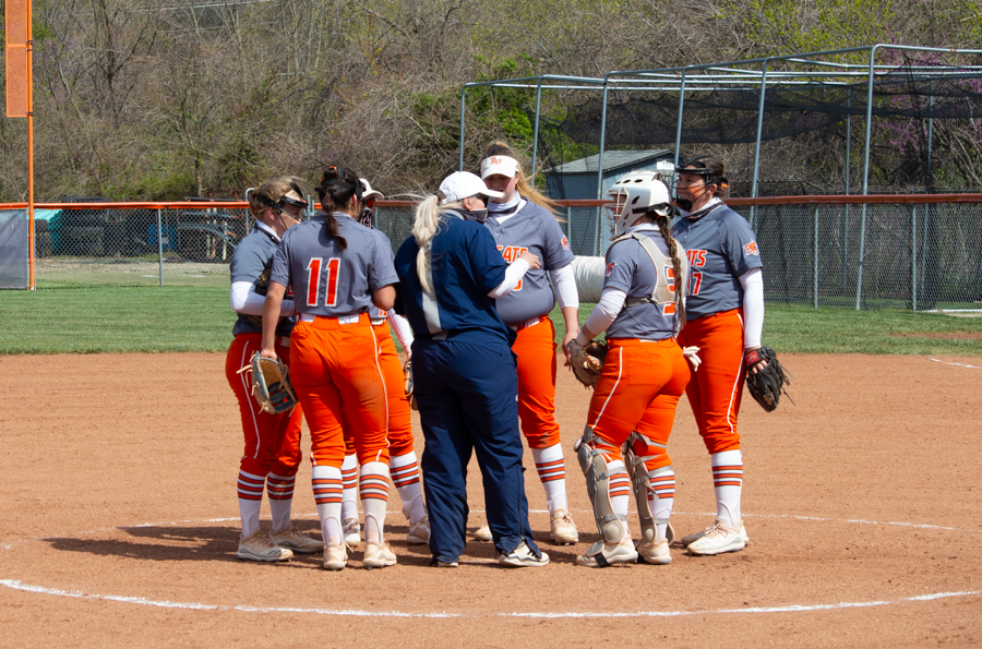 The Baker softball team joined together after the 7-1 win against Missouri Valley College.