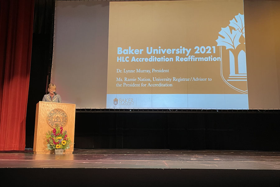 President Dr. Lynne Murray introduces Ramie Nation, the University Registrar, during the presentation in preparation for the HLC Accreditation Reaffirmation process. 