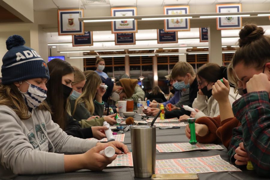 Students fill seats for a night of Grocery Bingo in the Union cafeteria hosted by Bakers Student Activities Council. 
