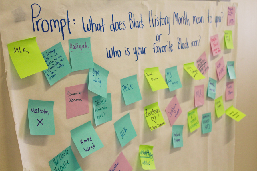 Mungano provides students with sticky notes at the tabling event to add to a poster. Students were encouraged to write down their favorite Black icon or what Black History Month meant to them. 