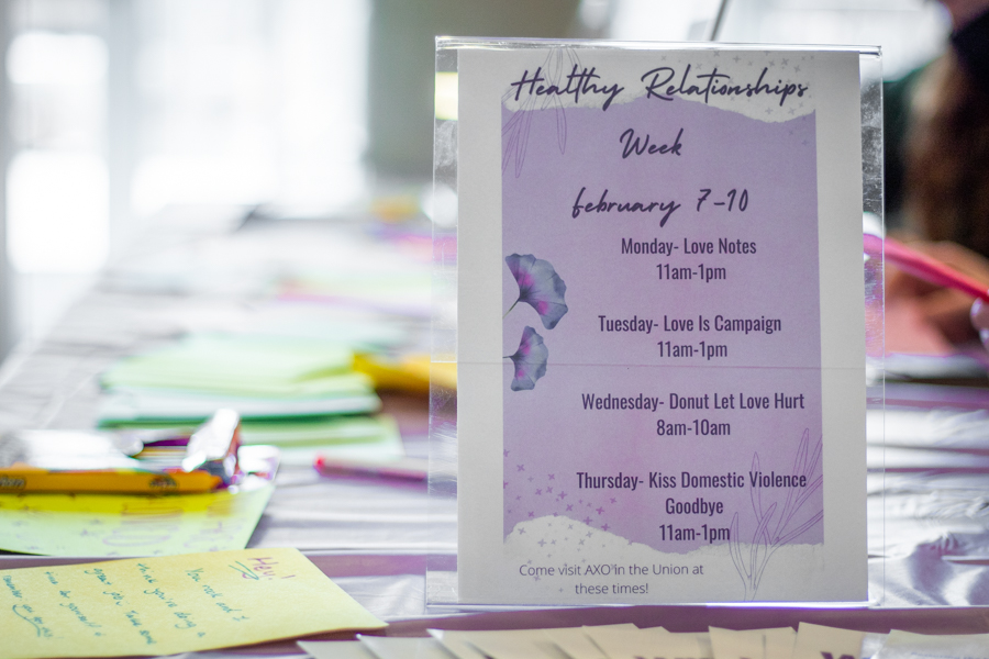 Monday Feb. 7 through Thursday Feb. 10 Alpha Chi Omega hosted Healthy Relationships Week by tabling in the Union. Each day featured a different activity to bring awareness to the cause. 