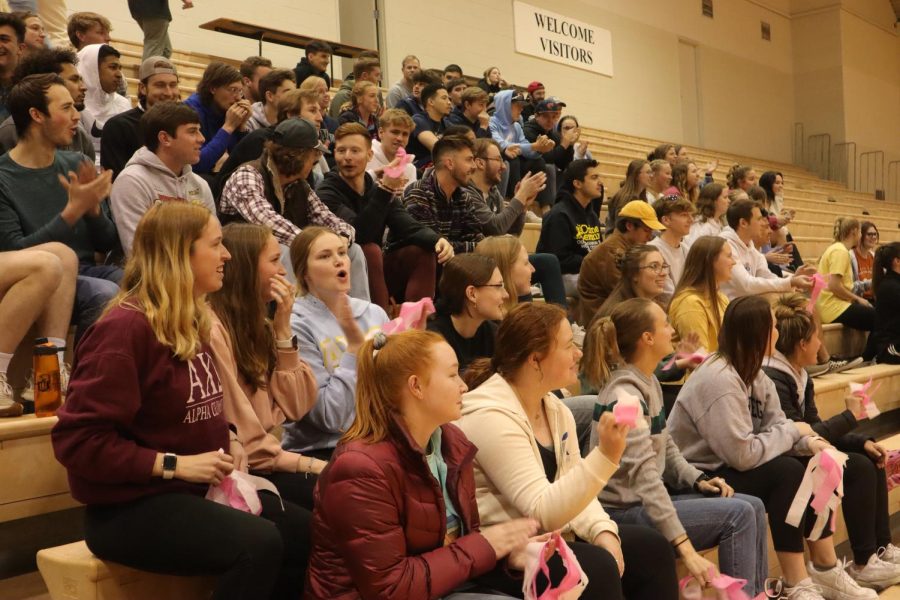 The student section fills in Collins Gym as Greek Dance begins on the third night of Greek Week. Greek Dance began at 7 p.m. and featured performances from Kappa Chi ^2, Delta Delta Tau Delta and Zeta Tau Alpha/Sigma Phi Epsilon.