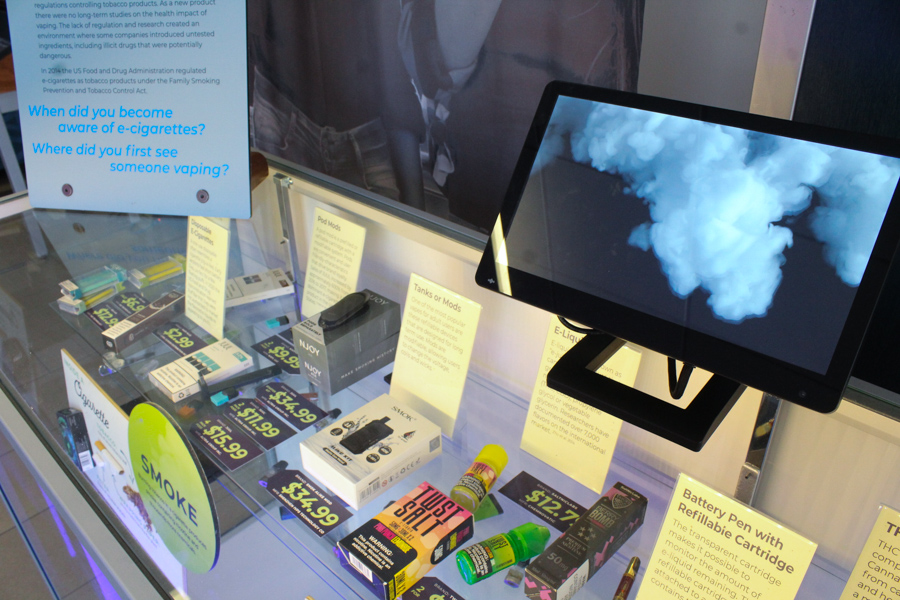 A traveling exhibit was on display in the Harter Union from April 14-26. From the Kauffman Museum, the exhibit was titled Vapes: Marketing and Addiction. This display held different kinds of vapes and had an interactive video to explain how they work. 