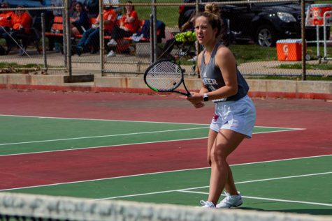 Freshman Cambrie Frame competes against Evangel University on April 9 at 2 p.m. The Baker womens tennis team lost its match against Missouri Valley College but won its afternoon competition against Evangel. 