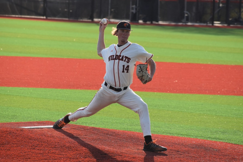Junior Jaxon Kutch pitches the ball against Park University. Baseball played two double headers against Park, one on April 15 and one on April 16.