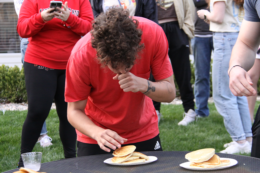 DeHaan focuses on the challenge of finishing his plate of pancakes. DeHaan represented the Kappa Sigma Fraternity in the competition.