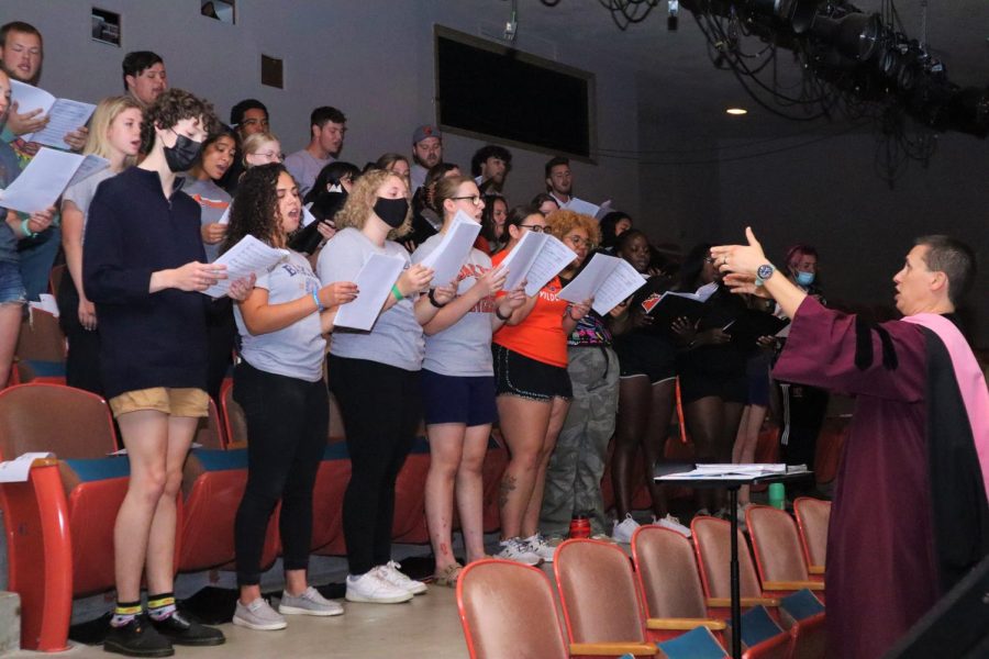 Bakers Choir performs two songs mid-convocation. The songs included the universitys alma mater To the Orange and Lift Every Voice and Sing.