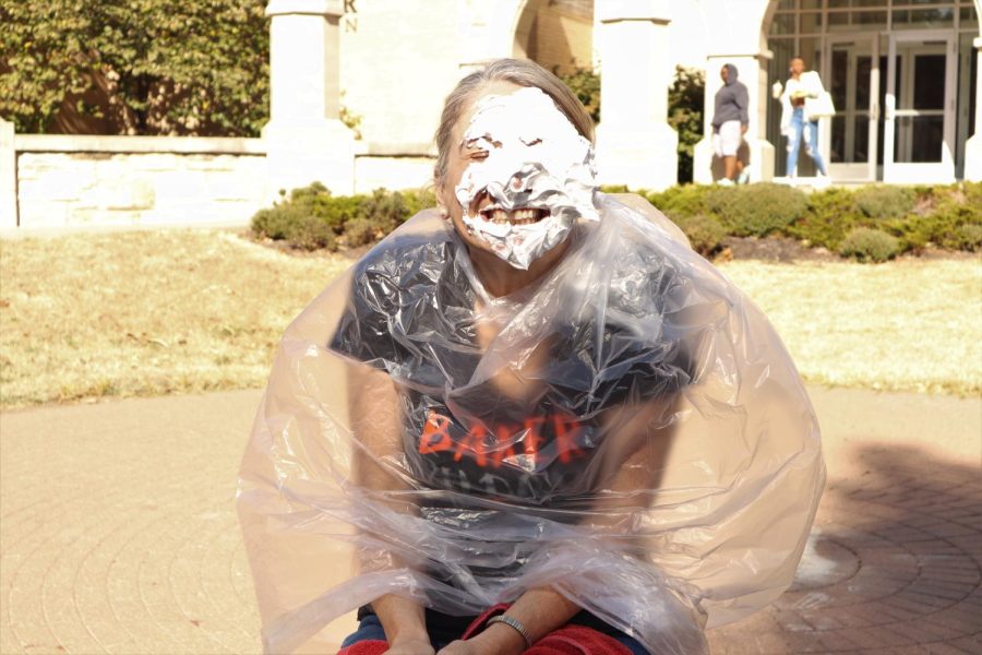 Dean of Students Cassy Bailey participates in the pie event. Dean Bailey was one of many faculty members that joined.