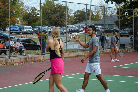 For the mixed doubles matches, guys and girls got to play together. Alumni Cortlyn Wolfe was paired with current tennis player senior Alejandro Hernandez.