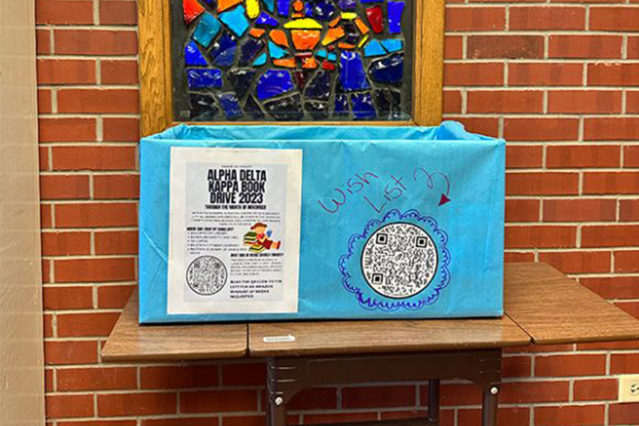 Alpha Delta Kappa placed a blue box at Baldwin City Library for the community to donate books to the book drive. 