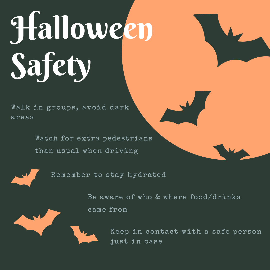 An infographic with a black background and orange moon gives safety tips. Black and orange bats surround the tips.