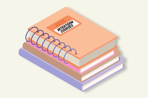 Three colorful books are stacked under a light orange spiral notebook. The notebook has a sticker on the front that reads, "2025 Interterm Courses".