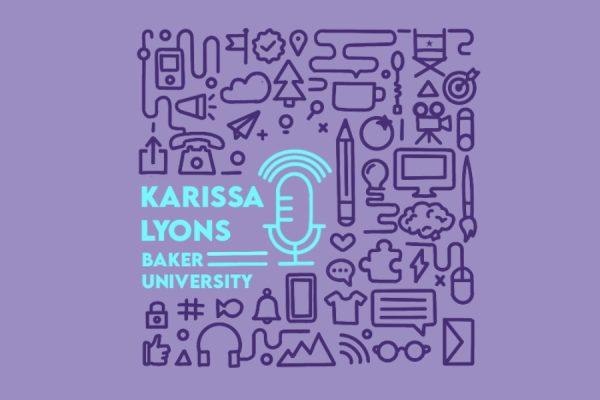 Light blue microphone icon surrounded by small icons with Karissa Lyons text on a light purple background.