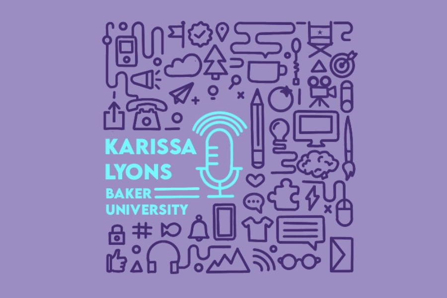 Light blue microphone icon surrounded by small icons with Karissa Lyons text on a light purple background.