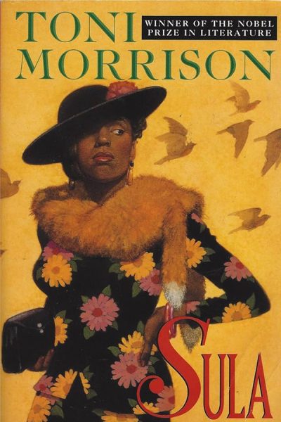 Toni Morrison Sula book cover featuring woman standing in elegant clothing.