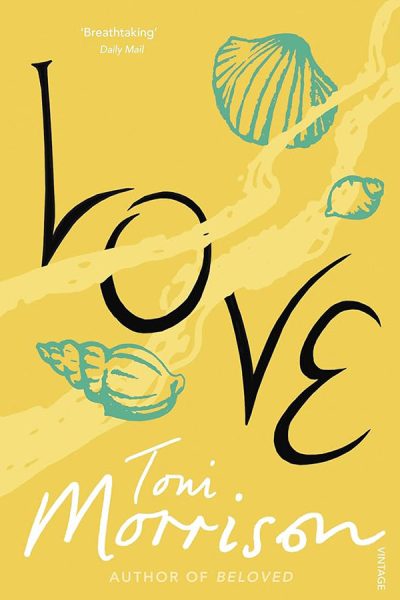 Toni Morrison Love book cover featuring seashells alongside a shoreline.